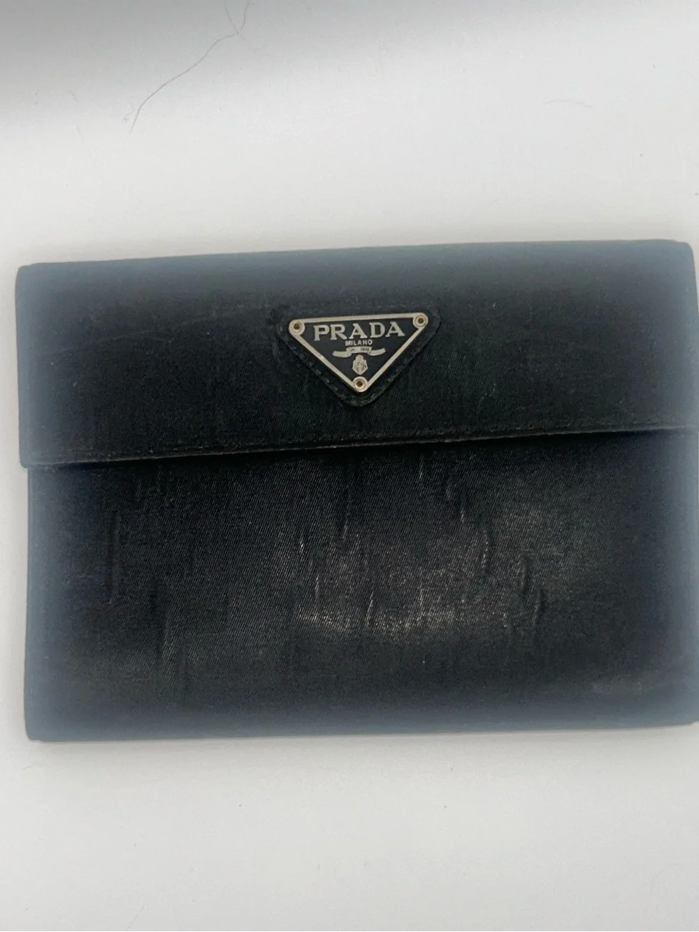 Prada Vintage Black Tessuto Nylon Saffiano Leather Trifold Wallet